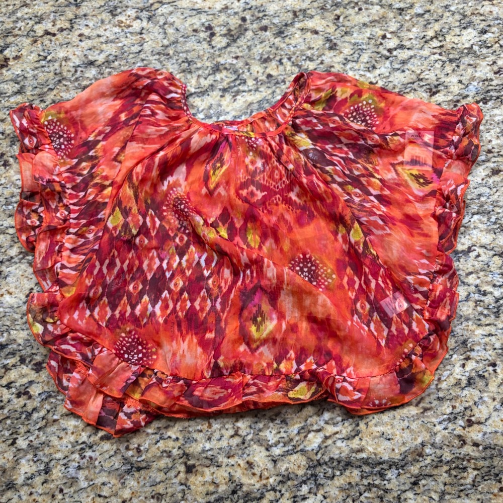 Knitworks Orange Red Ikat Print Chiffon Ruffle Poncho Blouse XL